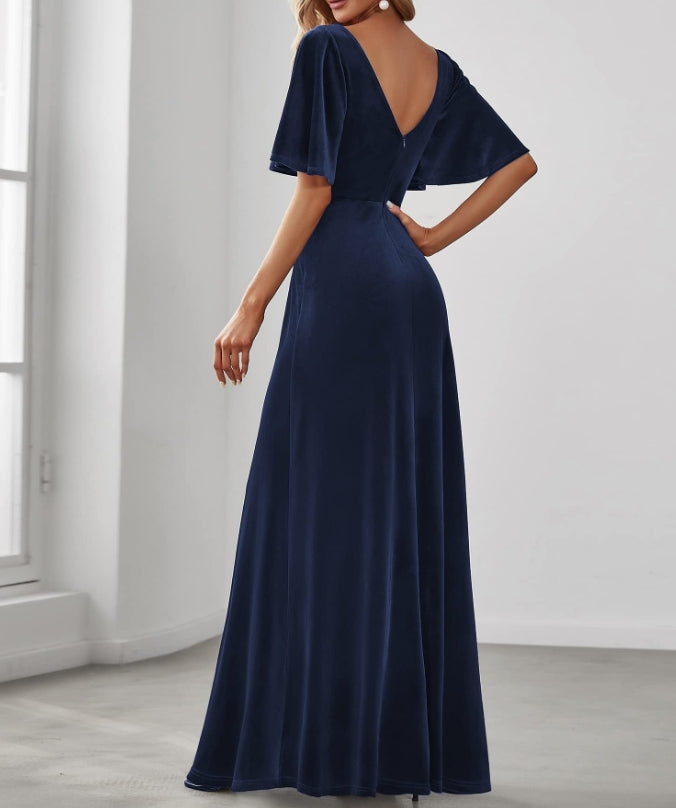 Navy Blue Women's Retro  A Line Velvet Long V-Neck Wrap Formal Prom Dress
